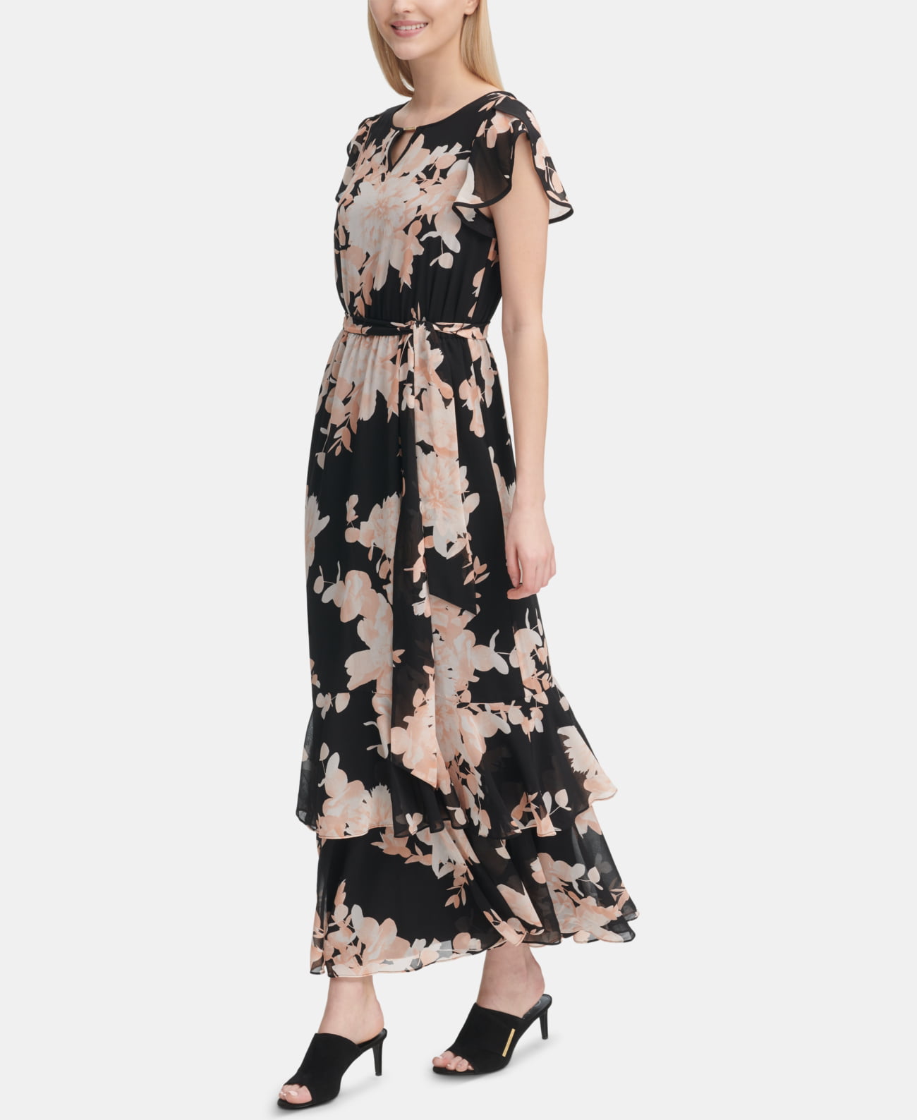 Calvin Klein Womens Flutter Sleeve Maxi Dress 