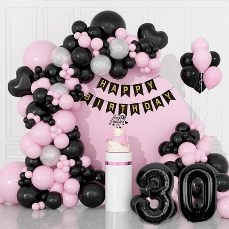 Black and Pink 30th Birthday Balloons, 30th Birthday Party Decoration,  Happy Birthday Banner for Girl Woman Birthday Party