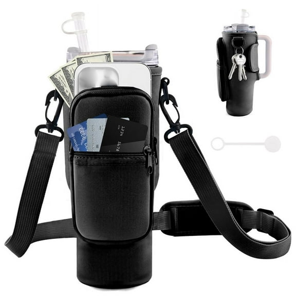 Water Bottle Carrier Bag with Phone Pocket, Water Bottle Holder with Adjustable Strap & Straw Cover