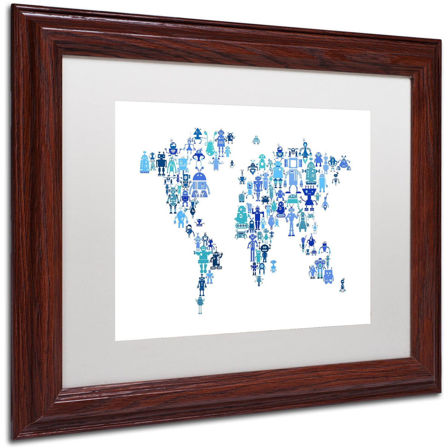 Trademark Fine Art "Robot Map of the World Blue" Canvas Art by Michael Tompsett, White Matte, Wood Frame