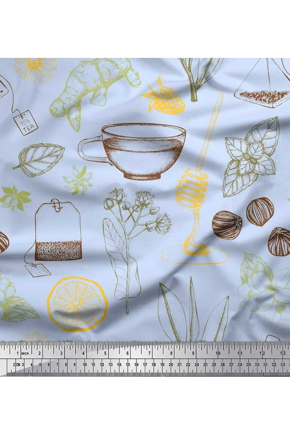 polyester Crepe Fabric Tea Cup,Star Anise & Lemon Slice Vegetable Decor Fabric Printed Yard 52 Inch Wide