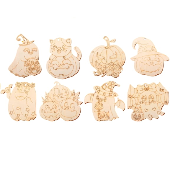 Unfinished Wooden Halloween Crafts Ornaments to Paint, 8Pcs | Halloween Wood Cutouts DIY Halloween Wooden Craft Ornament Set, Blank Natural Wood Hanging Slices for Kids Art Projects Tree Decor