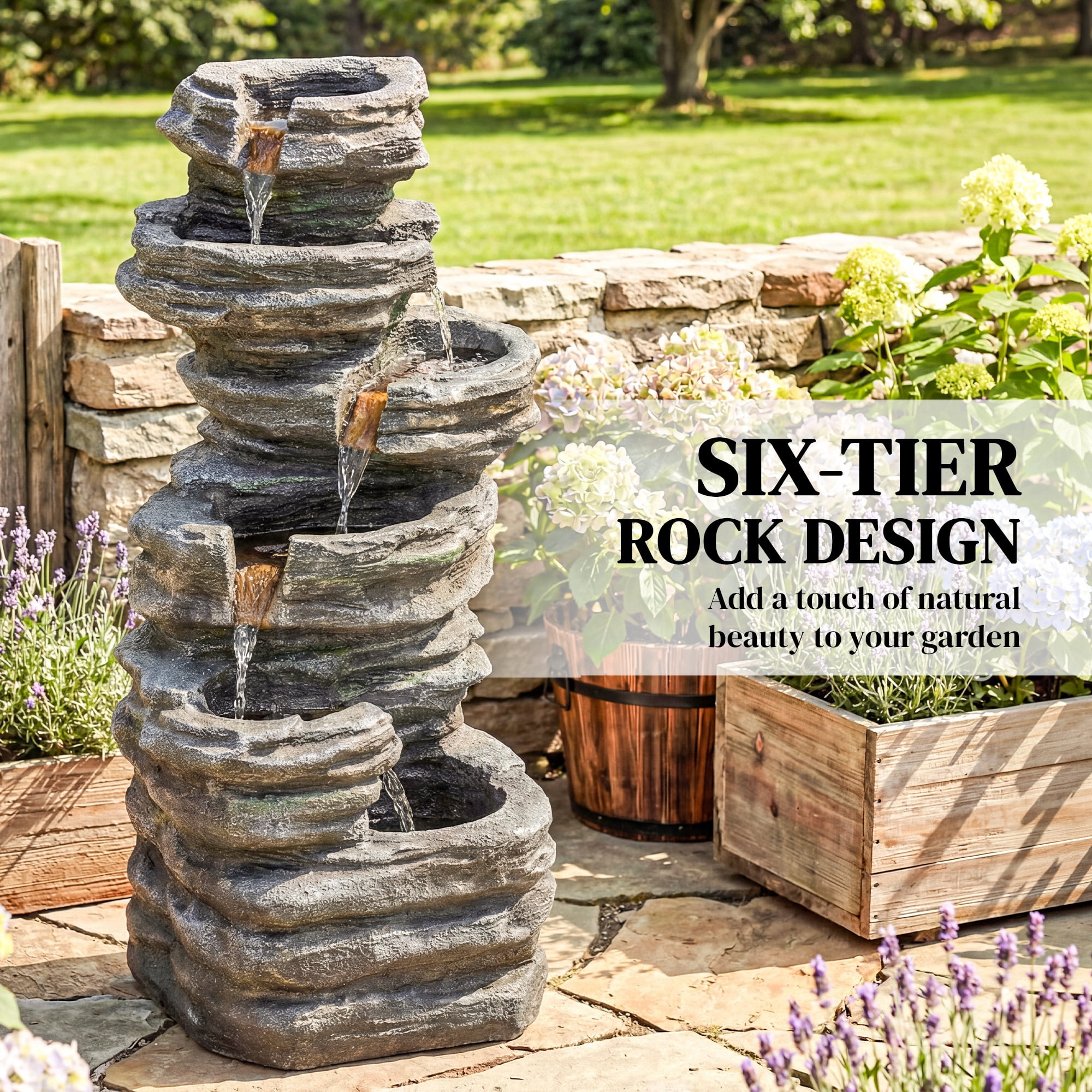 Outsunny 40" Tall Outdoor Waterfall Fountain with LED Lights, 6-Tier Cascading Waterfall Feature with Pump, Gray