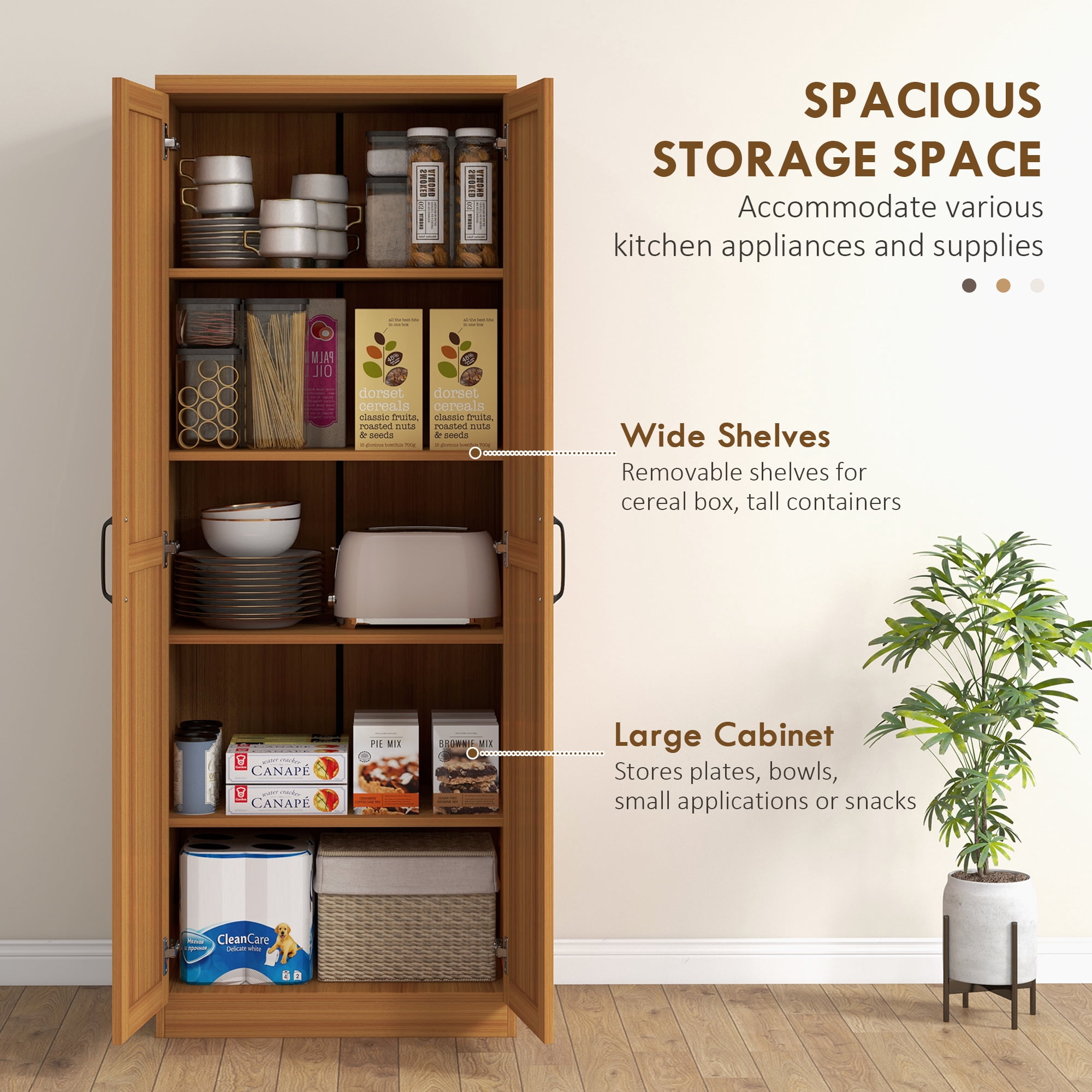 HOMCOM Kitchen Pantry, Freestanding 5-tier Storage Cabinet with 2 Adjustable Shelves for Dining Room, Living Room, Teak Wood Grain