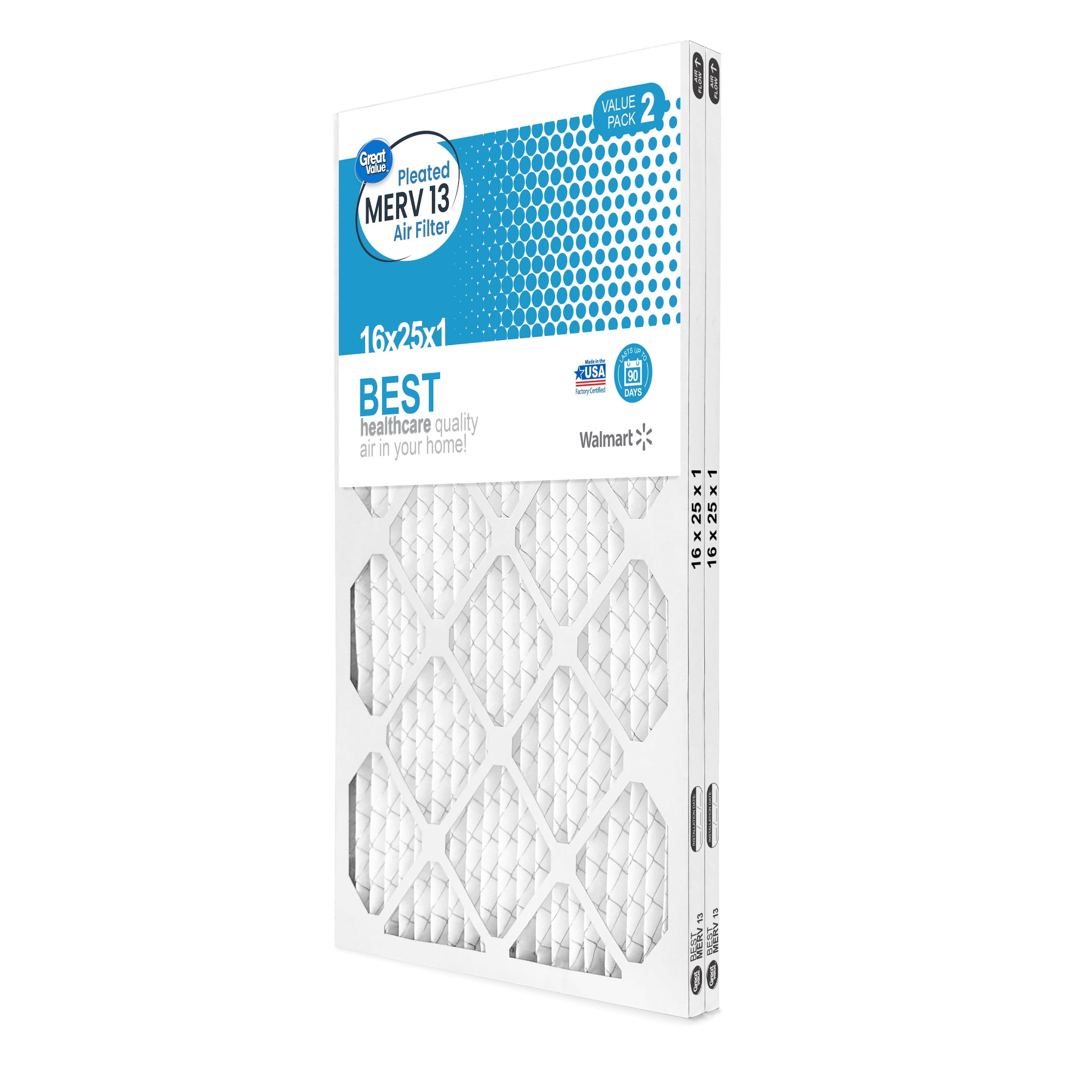Great Value Pleated MERV 13Cardboard Frame Furnace Filter, 2 Count
