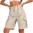 thumbnail image 5 of Bloomae Bermuda Shorts for Women Knee Length Casual Wide Leg Drawstring Elasitc High Waist Hiking Work Summer Cargo Shorts with Multi-Pockets, 5 of 8