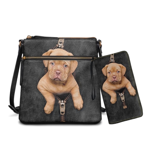 LedBack Bordeaux Dog Print Hobo Bag Set for Women Ladies Waterproof Crossbody Satchel Purse Sling Shoulder Handbag Multi Pocket Messenger Purse with Leather Wristlet Wallet, Black