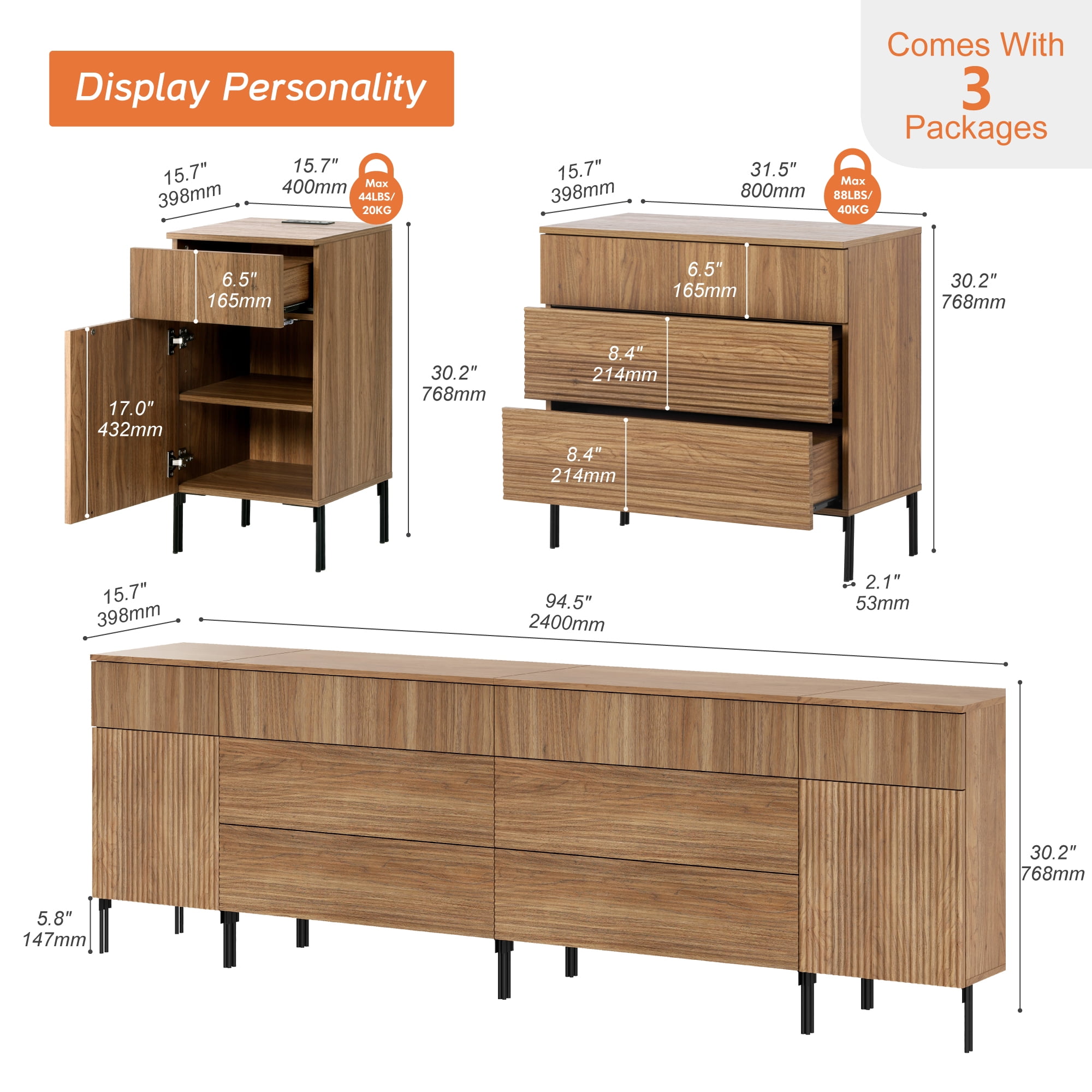 WAMPAT 94.5" 4-in-1 Fluted Dresser for Bedroom with Charging Station, Modern Wooden Chest of Drawers with Hidden Handles & 8 Drawers, Extra Long Dresser TV Stand Closet Storage Organizer, Brown