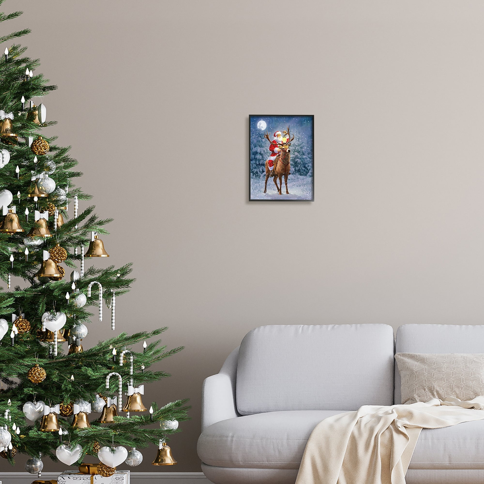 Stupell Industries Santa Riding Reindeer Landscape Holiday Painting Black Framed Art Print Wall Art