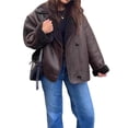 thumbnail image 2 of Women Thick -Lined Faux Suede Jacket Oversized Leather Coat Moto Jacket Biker Winter Overcoat Brown L, 2 of 10