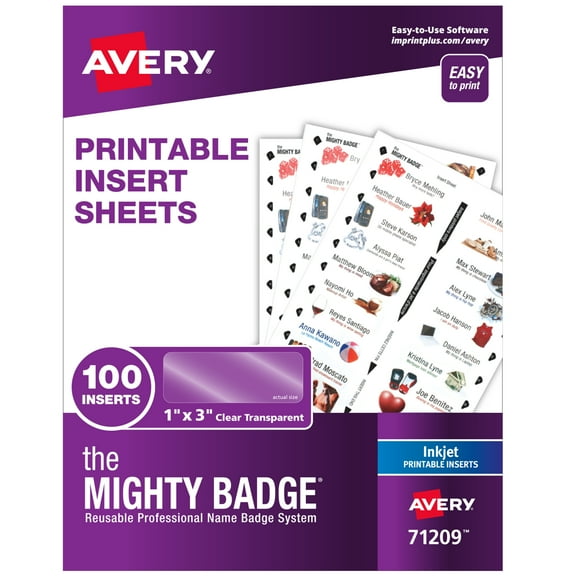 Avery Name Badge Kit Refills, Clear, 100 Printable Inserts (71209)