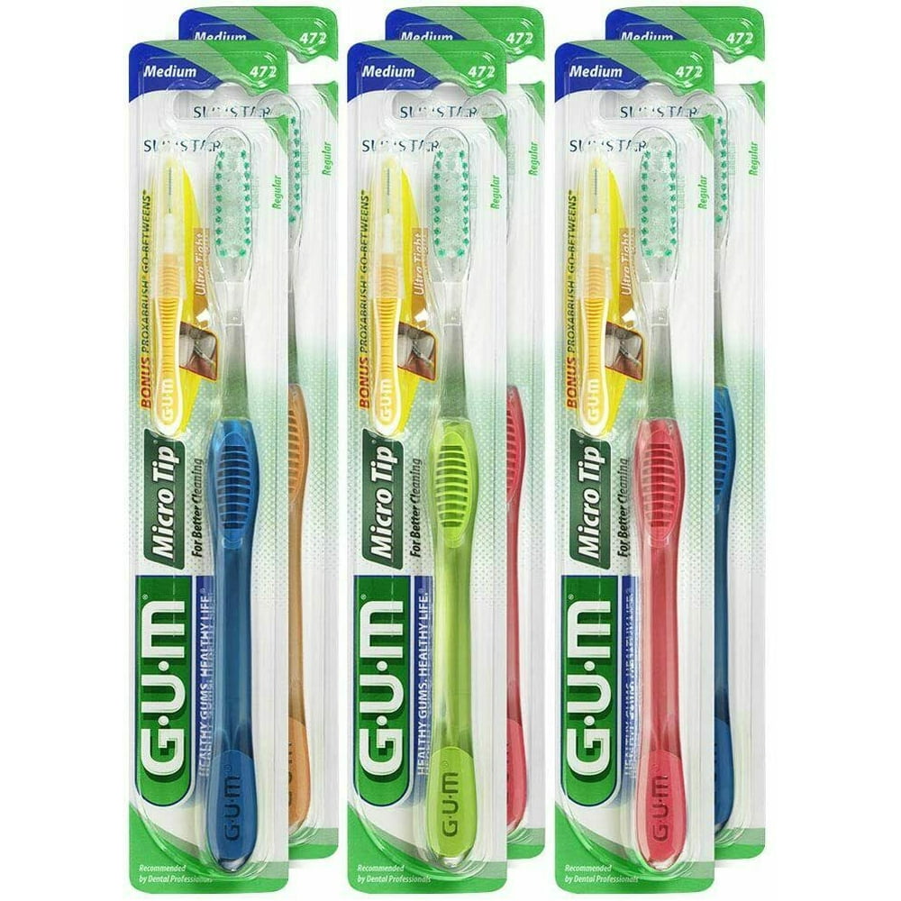 Gum Micro Tip Toothbrush, Medium Bristles, Colors May Vary (Pack of 6)