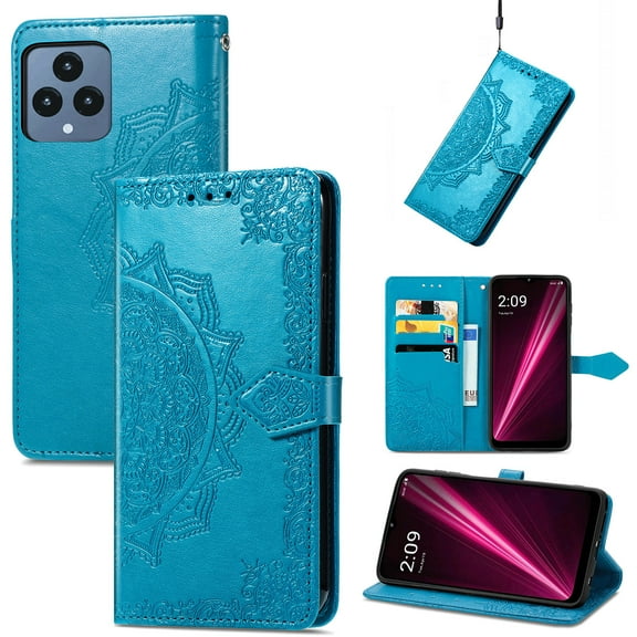 Feishell Embossed PU Leather Wallet Phone Case for T-Mobile REVVL 6 6.52 inch,Full Protection Magnetic Clasp Flip Stand Card Slots Shockproof Protective Cover with Hand Strap,Blue