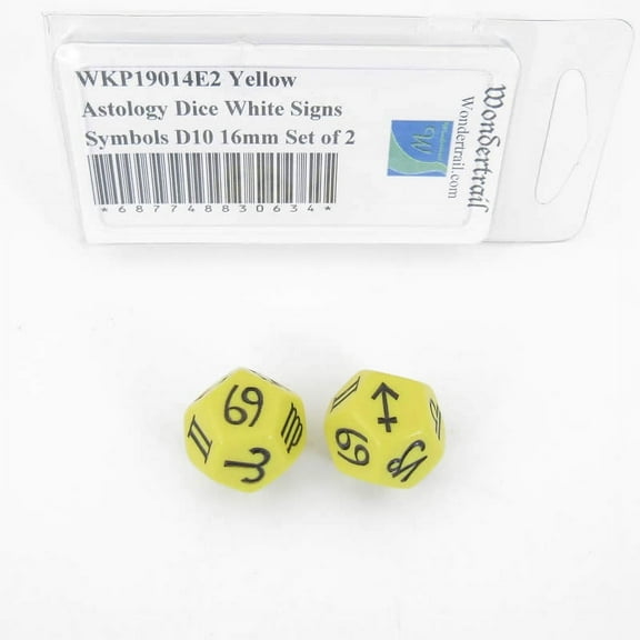 Yellow Astrology Dice with Black Signs Symbols D10 16mm (5/8in) Set of 2 Wondertrail
