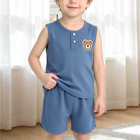 BRGZLK Boy s 2 Piece Outfits Summer Casual Cute Bear Round Neck Sleeveless T-Shirt Elastic Waist Shorts Set Lightweight Soft Comfy Sets Blue 5-6Y