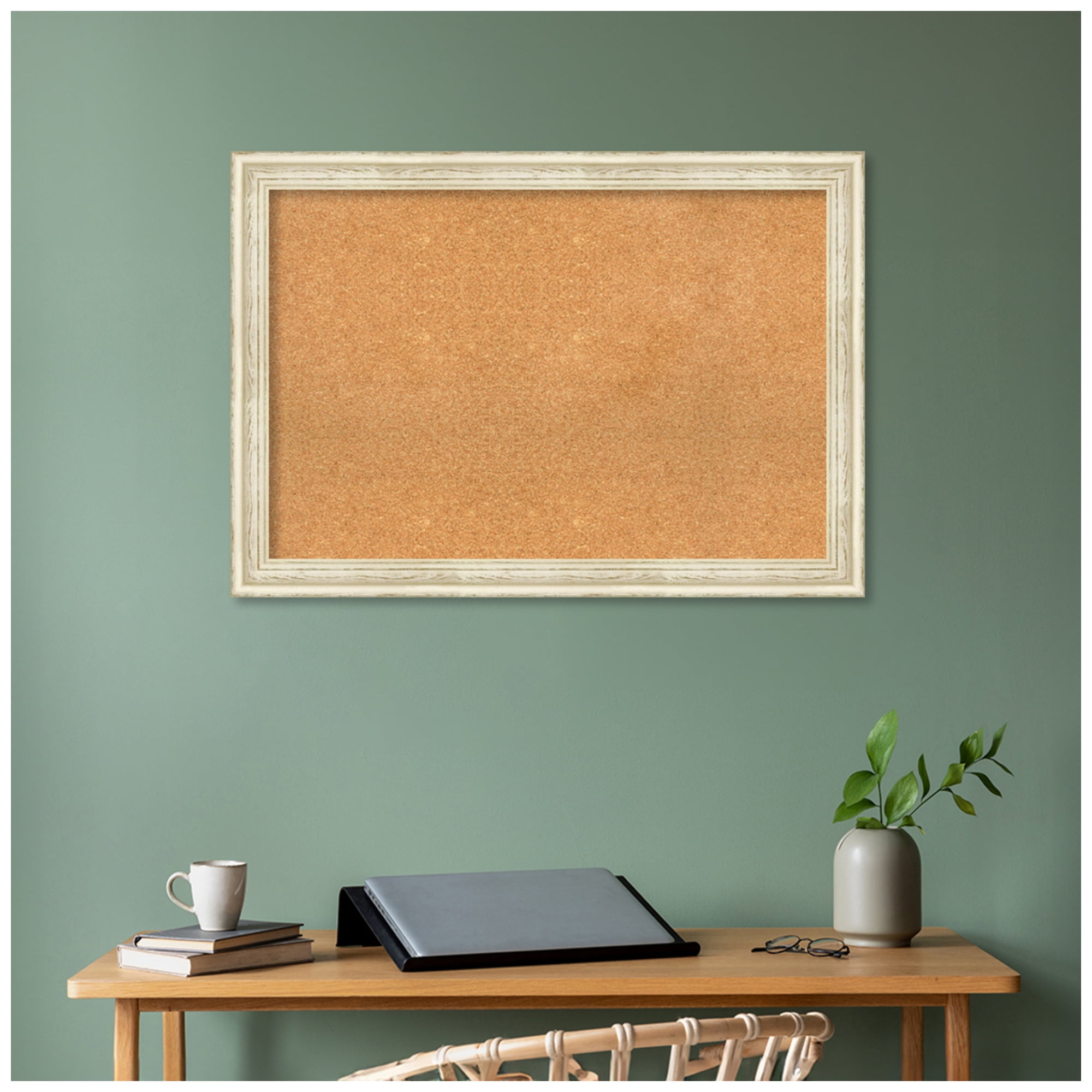 Amanti Art Natural Cork Board Wood Framed Country White Wash Bulletin Board 40 in. x 28 in.