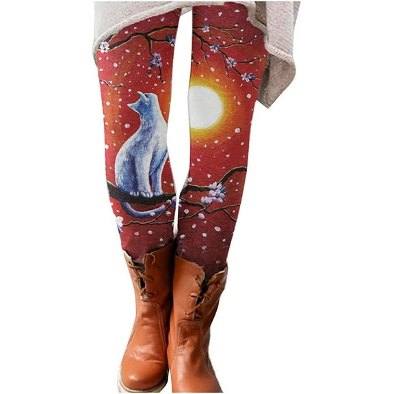 JeashCHAT Women's Fleece Lined Tights Womens Casual Cat Printed Tight Leggings High Waist Long Pants