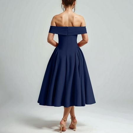 QIJIE Summer Off Shoulder Satin Midi Prom Dress Aline Corset Formal Wedding Party Dress Flowy Dress Navy S