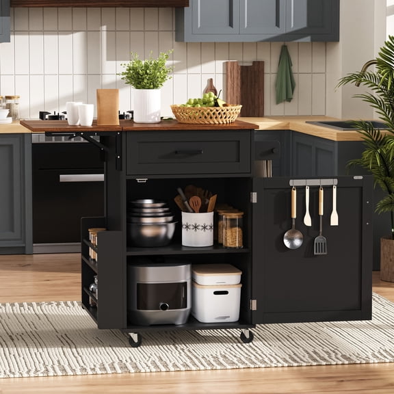 Gearwell Kitchen Island Cart, 39.3" Black Farmhouse Rolling Kitchen Cart with Drop Leaf, Drawer, Open Side Rack, Towel Bar and Lockable Wheels for Small Space Dining