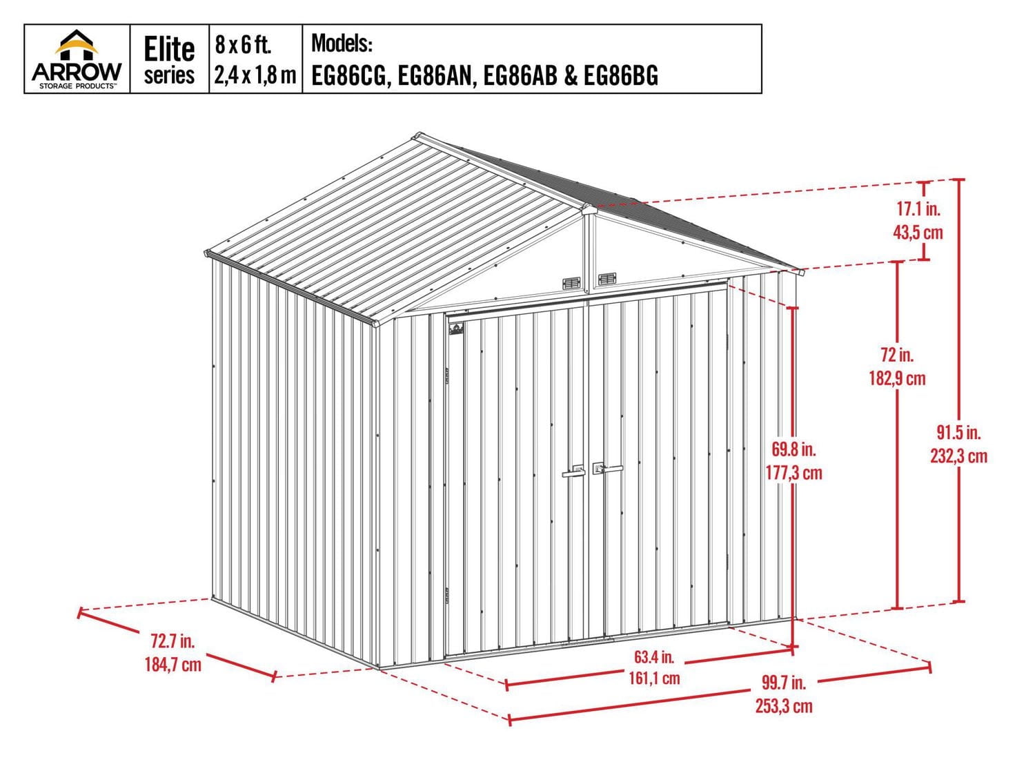 Arrow Elite Steel Storage Shed, 8x6, Galvalume