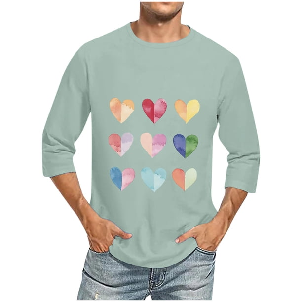Camisas de Manga Larga para los Hombres Día de San Valentín Impresión Cuello Redondo Moda Casual, Mezcla de Poliéster de Lino de Algodón para Primavera Verano