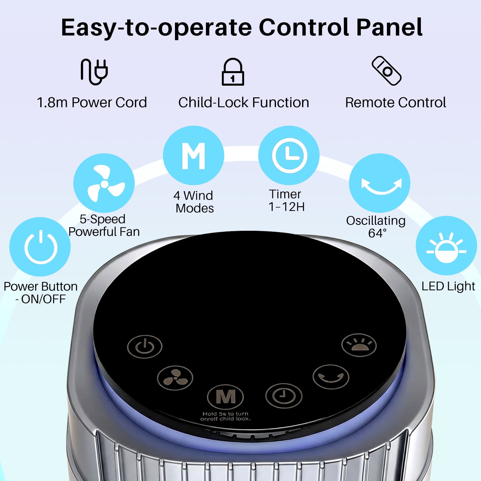 Tower Fan for Home, 64° swivel Standing Floor Fan with Remote, Bladeless Fan Cold Air Quiet, 5 Speeds, 4 Modes, LED Display, Sliver