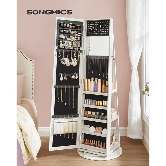SONGMICS 360 Degree Swivel Jewelry Cabinet, High Full Length Mirror, Lockable Jewelry Armoire, with Built-in Small Mirror, Rear Storage Shelves