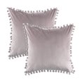 thumbnail image 1 of Paquete de 2 fundas de almohada de color rosa claro con pompones, fundas de cojín sólidas de terciopelo de partículas suaves, 18 x 18 para sofá, dormitorio, coche, 1 of 5