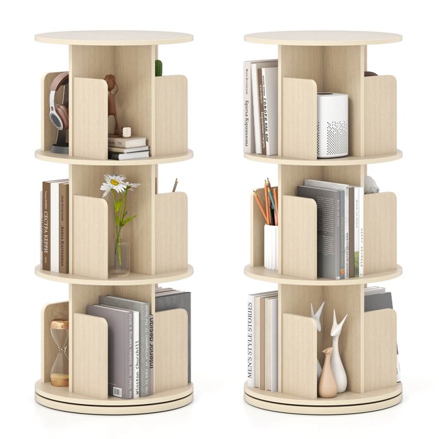 Costway 2 PCS 3-Tier Rotating Bookshelf 360° Display Rack Dividers & Anti-falling Baffles Natural