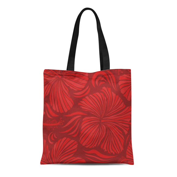 LADDKE Canvas Tote Bag Aloha Hawaii Luau Party Red and Orange Hibiscus Flowers Reusable Shoulder Grocery Shopping Bags Handbag