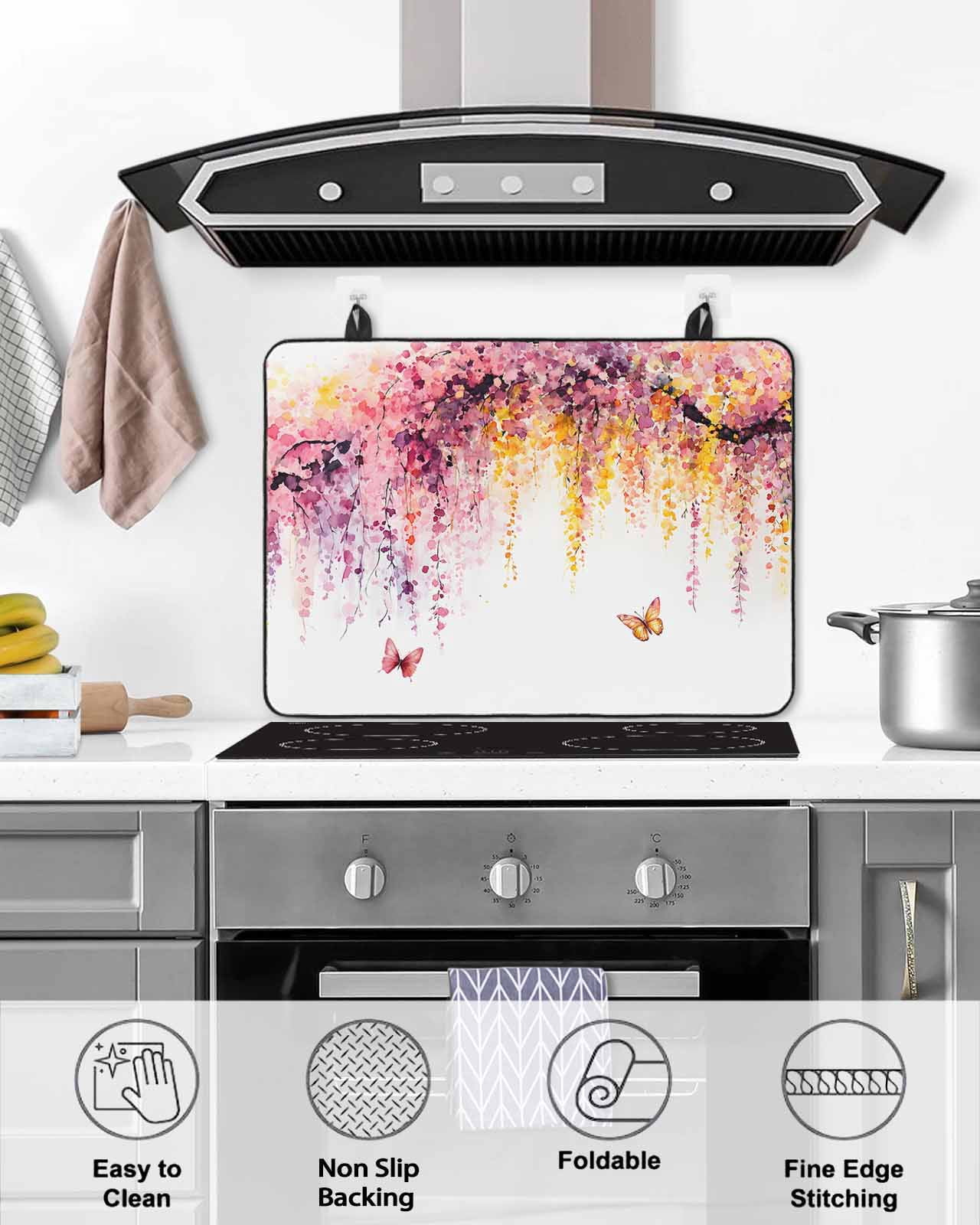 nqOlkjepod Large Induction Cooktop Protector Mat 24"x21", Colorful Flowers Stove Top Covers for Electric Stove, Summer Botanical Florals Butterfly Stove Burner Cover Mats, Glass Top Stove Cover