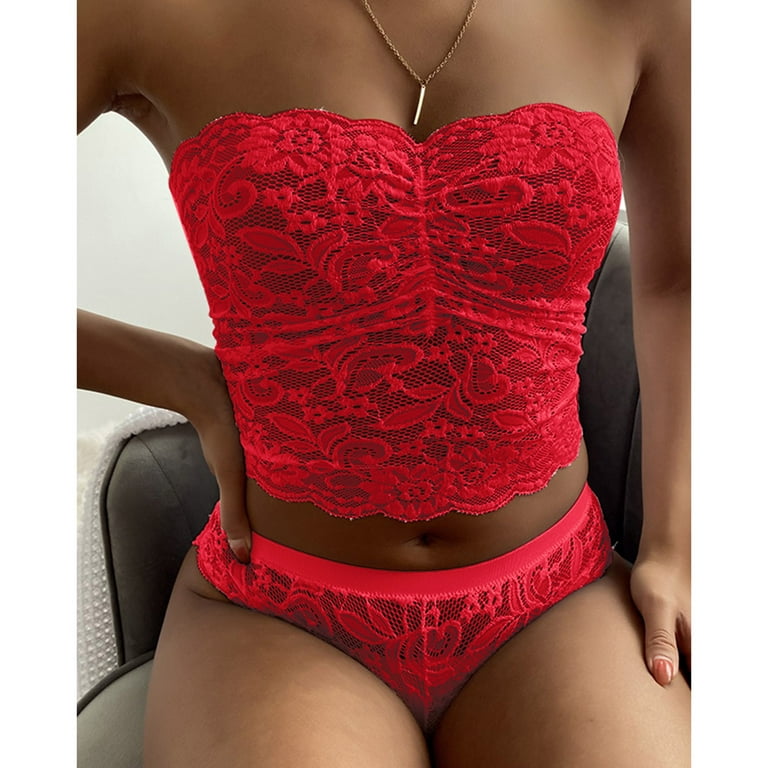 EHQJNJ Lace Bra and Panty Set Pack Women Strapless Wrapped Chest Lace  Lingerie Set Push up Underwear Bra and Panty Sets Push up Bra and Panty Set  Red 