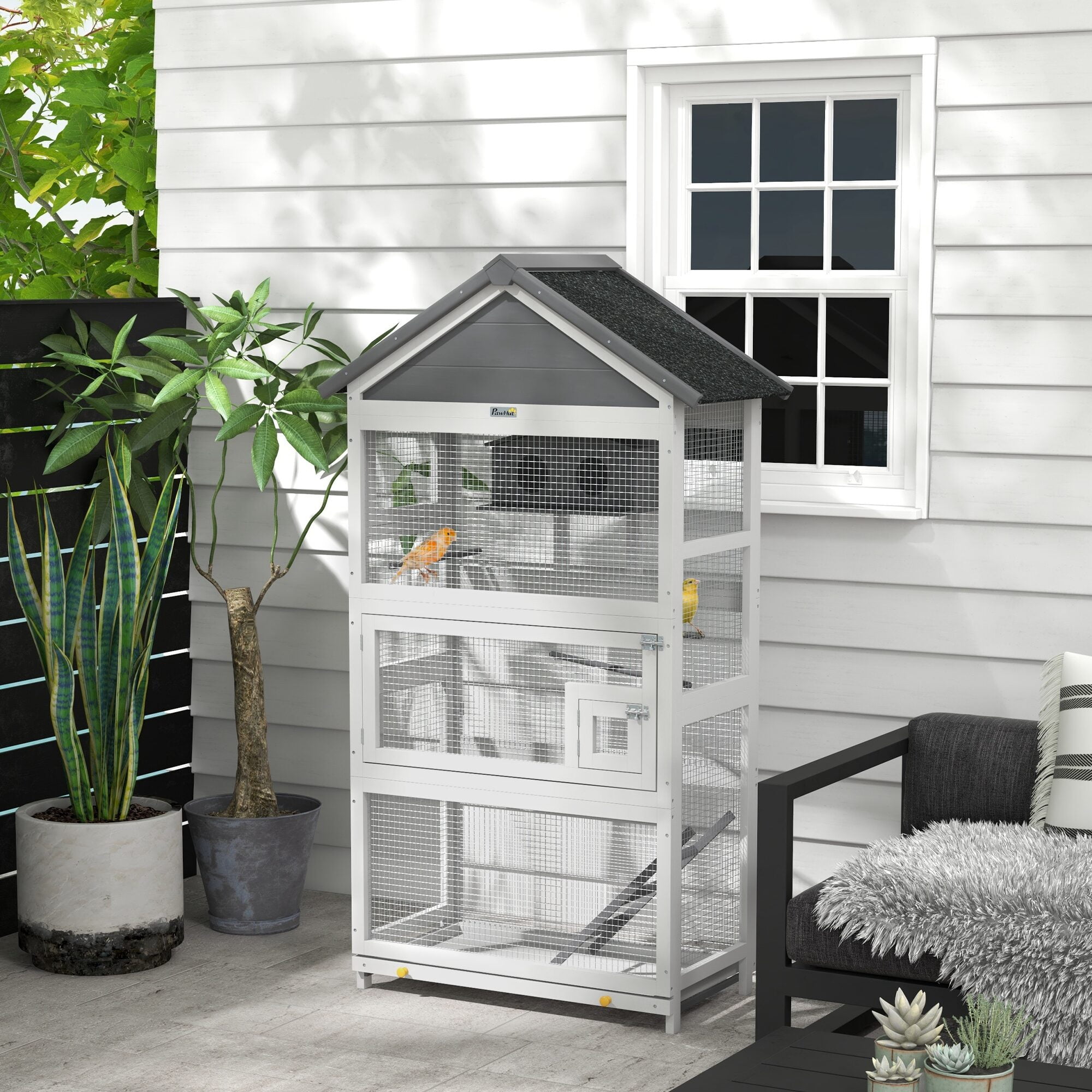 Dog Crate, PawHut Wooden Bird Aviary, 67" Outdoor Bird Cage with Slide-Out Tray, Three Doors, Birdhouse, Ladder, Perches for Finches, Parakeets, Gray, Gray Pet Playpen,Wood Chicken Coop
