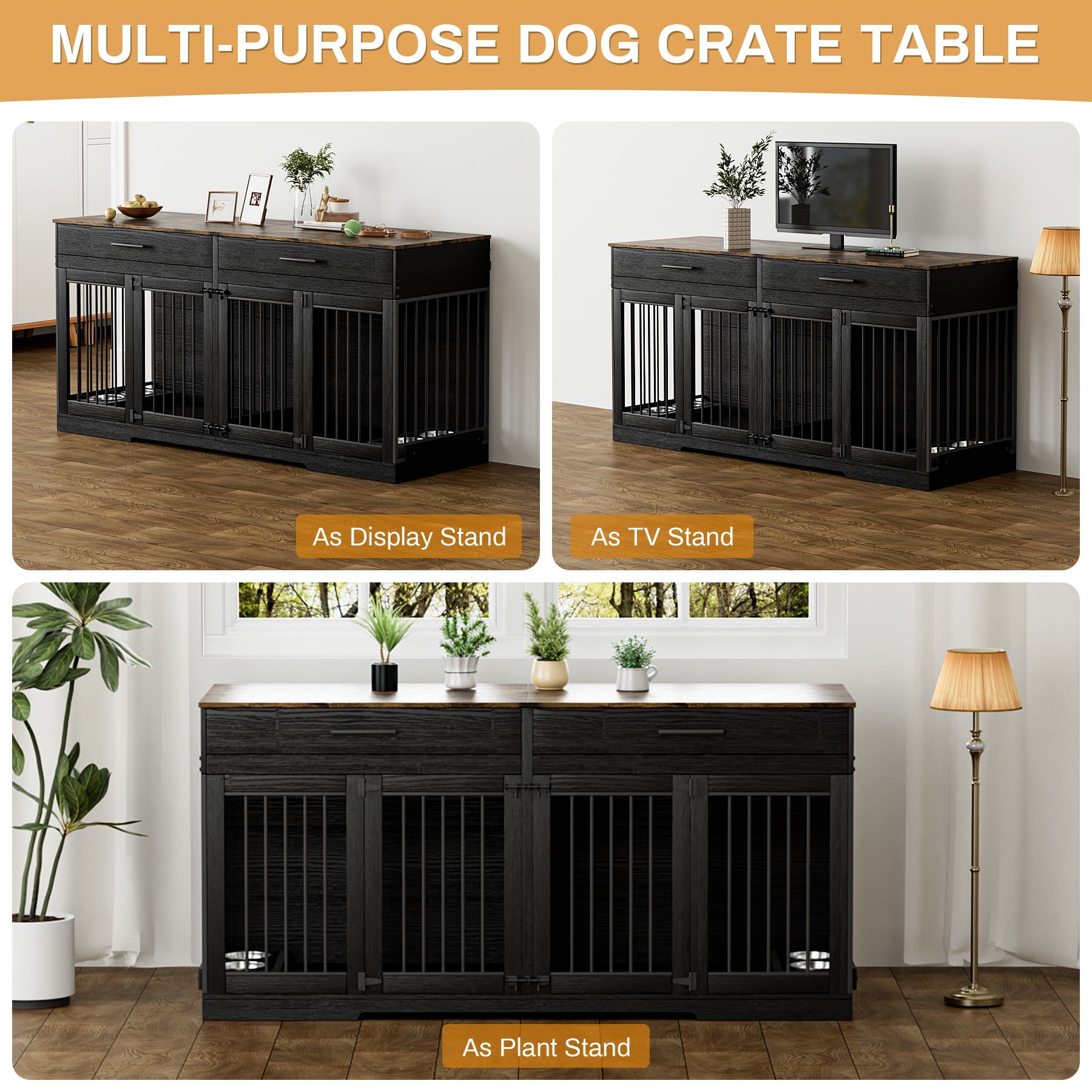 WIILAYOK 72.05" Dog Crate Furniture, Wooden Dog Kennel with 2 Drawers and 4 Dog Bowls, Heavy Duty Indoor Furniture Style Dog Cage House(Black Brown)