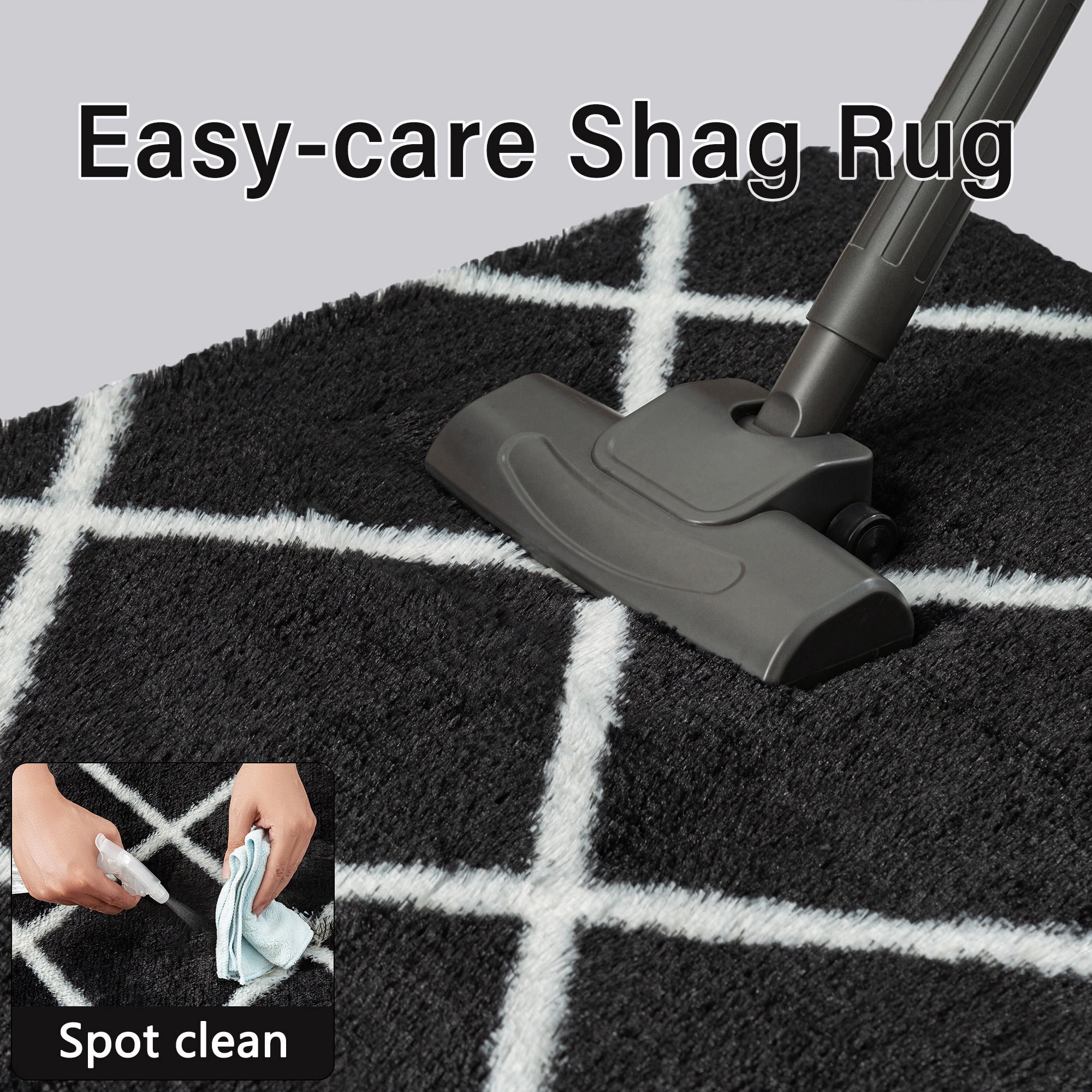 WIPONKEN 4x6 Checkered Shag Rug for Living Room Bedroom Dining Room Office Farmhouse, Washable Noneslip Area Rug Soft Indoor Fluffy Rugs, Black