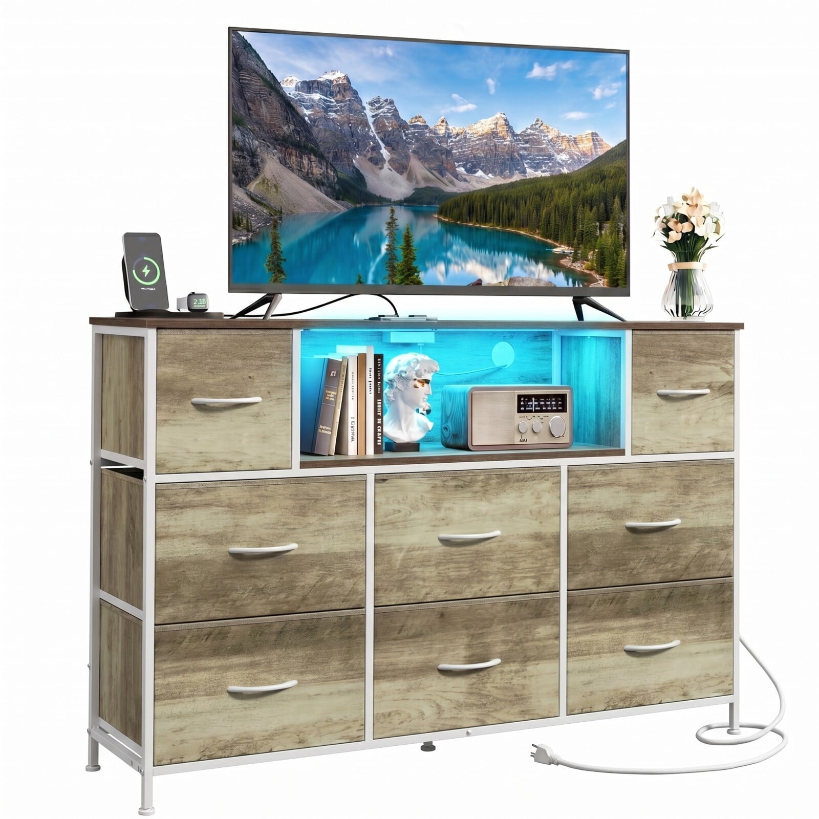 BEAUTYPEAK TV Stand Dresser with 8 Fabric Drawers LED Light Open Shelf AC & USB-C Charging Station, Oak