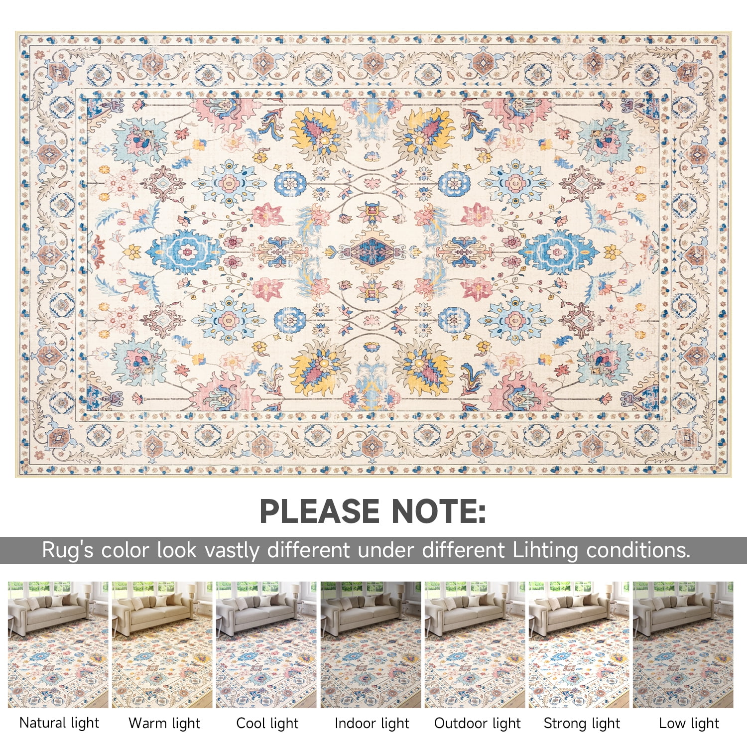 Wondo 4x6 Vintage Bohe Washable Beige Area Rug for Living Room, Bedroom, Dining Room, Office, Nursery Anti-slip Easy Care Carpet, Ultra-thin Stain Resistant Indoor Low Pile Carpet