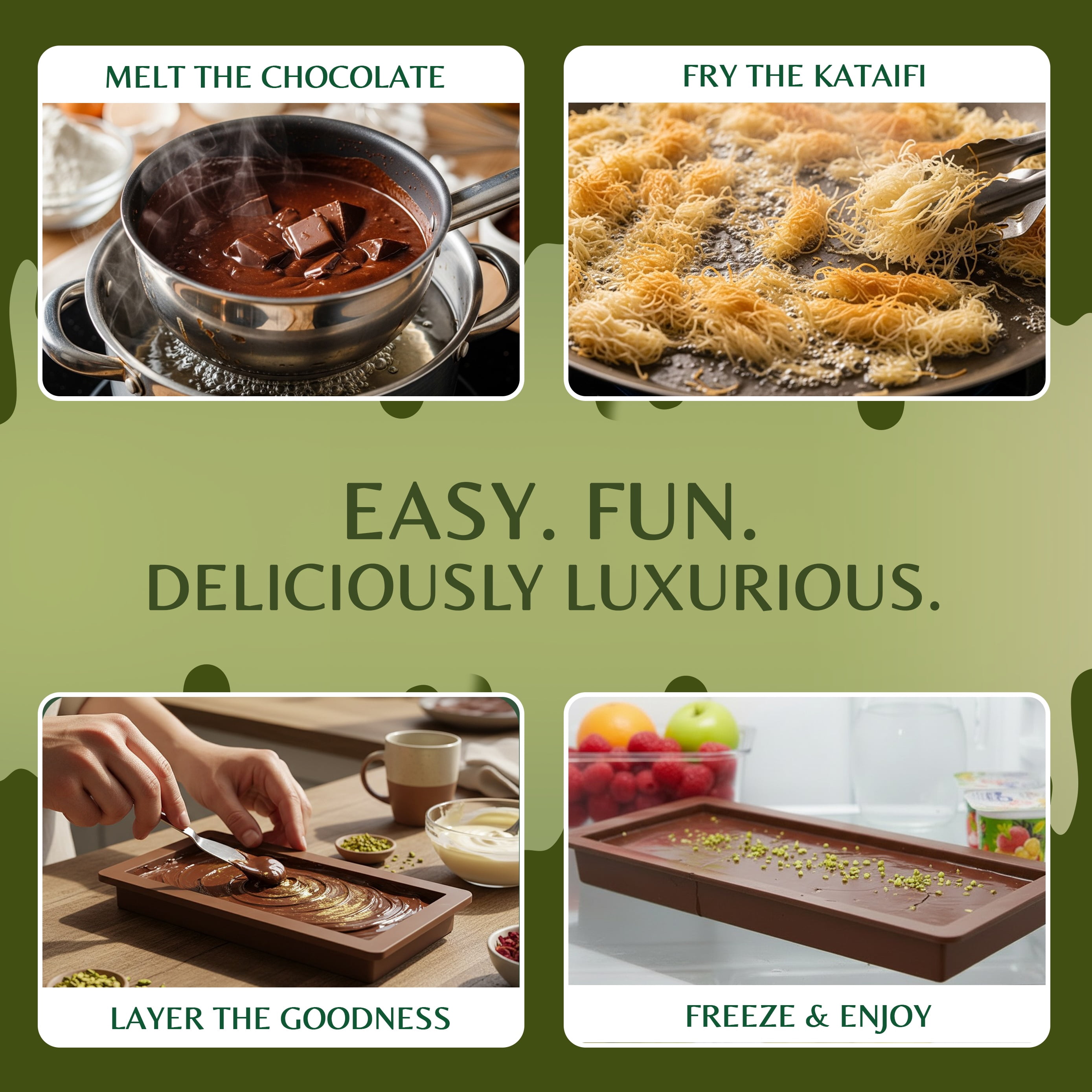Dubai Chocolate Bar Kit Master Make at Home Set with Pistachio Cream, Tahini Mix, Dried Kataifi, Milk Chocolate Melting Wafers, Jumbo Bar Mold & Step-by-Step Guide