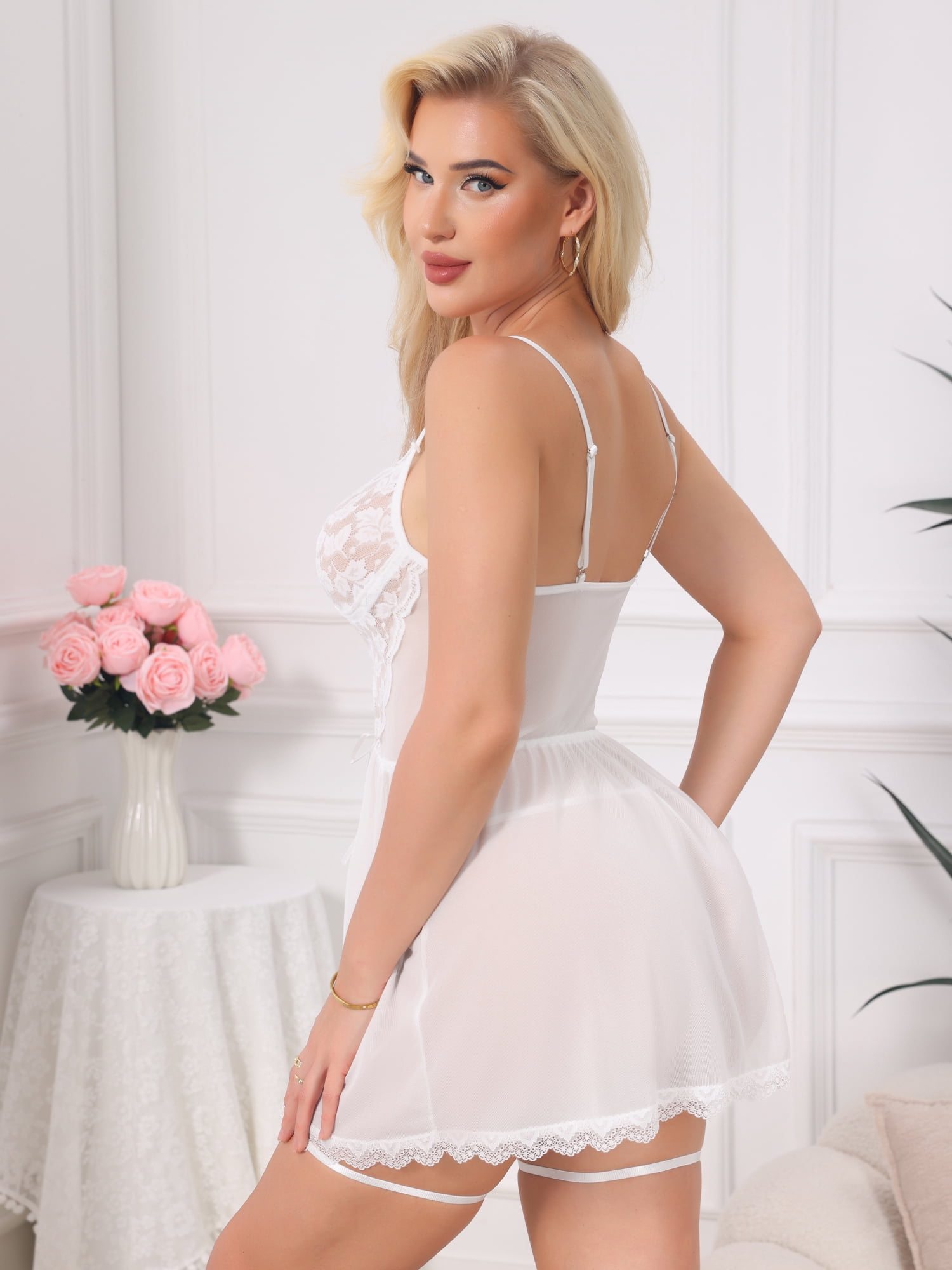 DARING DIVA Women's Lingerie Mesh See Through Chemise Nightgown with Garter Belt L White