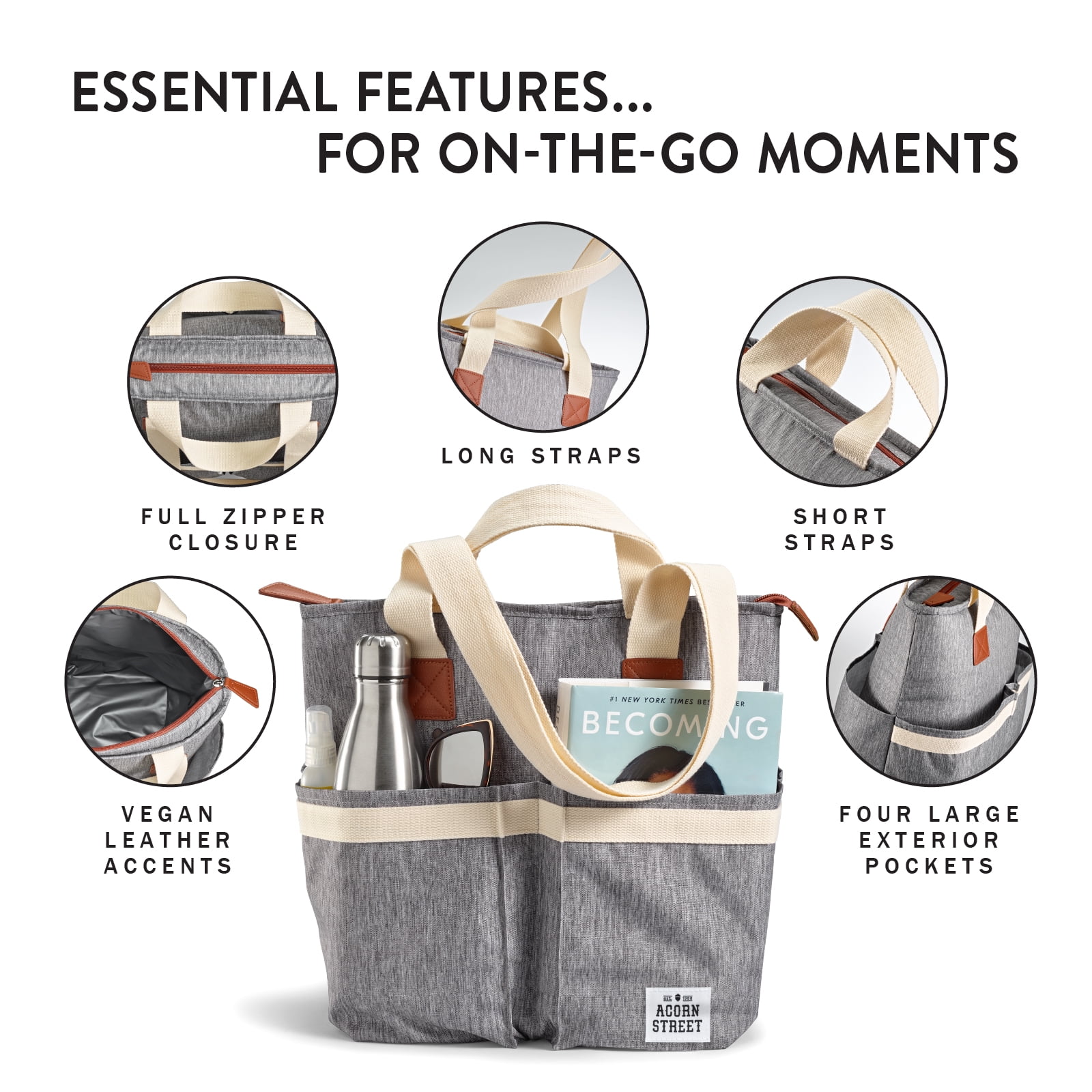 Acorn Street Insulated Cooler Tote Bag with Removable Divider, Grey, 24-Can Capacity