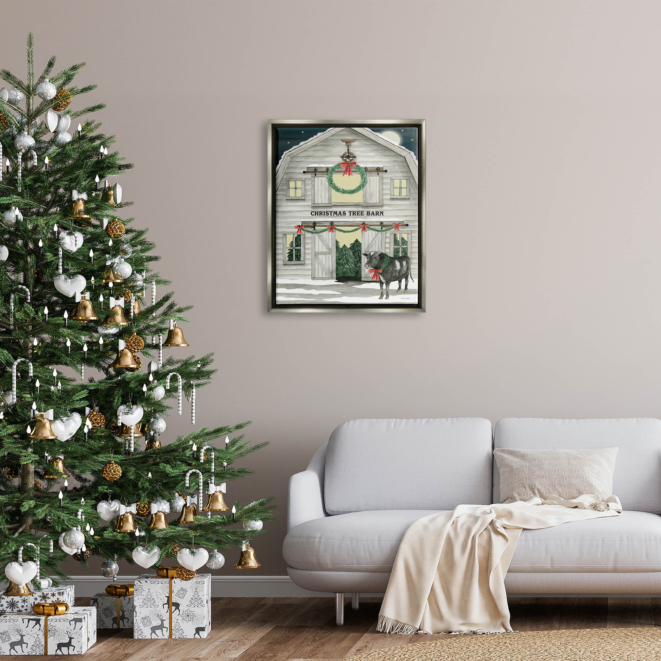 Christmas Tree Barn Rural Countryside Holiday Graphic Art Luster Gray Framed Art Print Wall Art