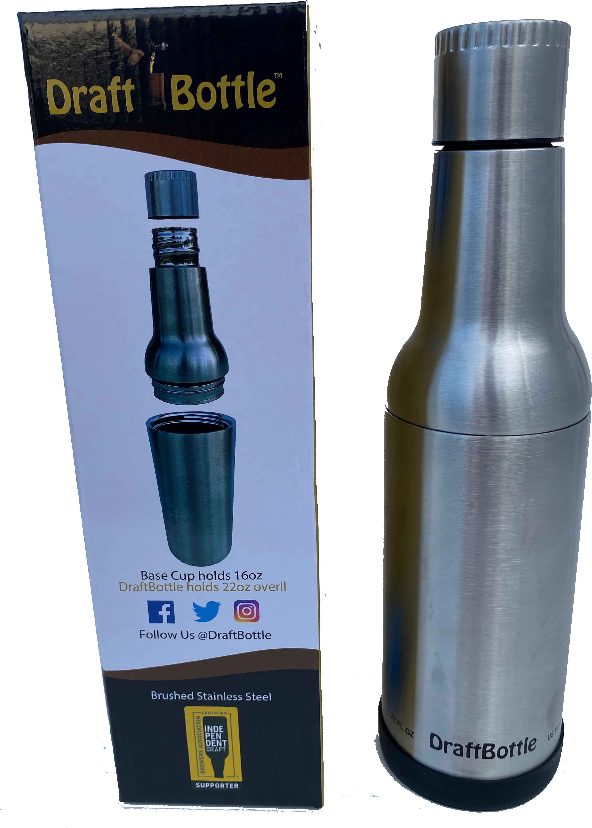 DraftBottle Brushed Stainless Steel Insulated Re-Usable Detachable Bottle with Silicone Bottom 22oz
