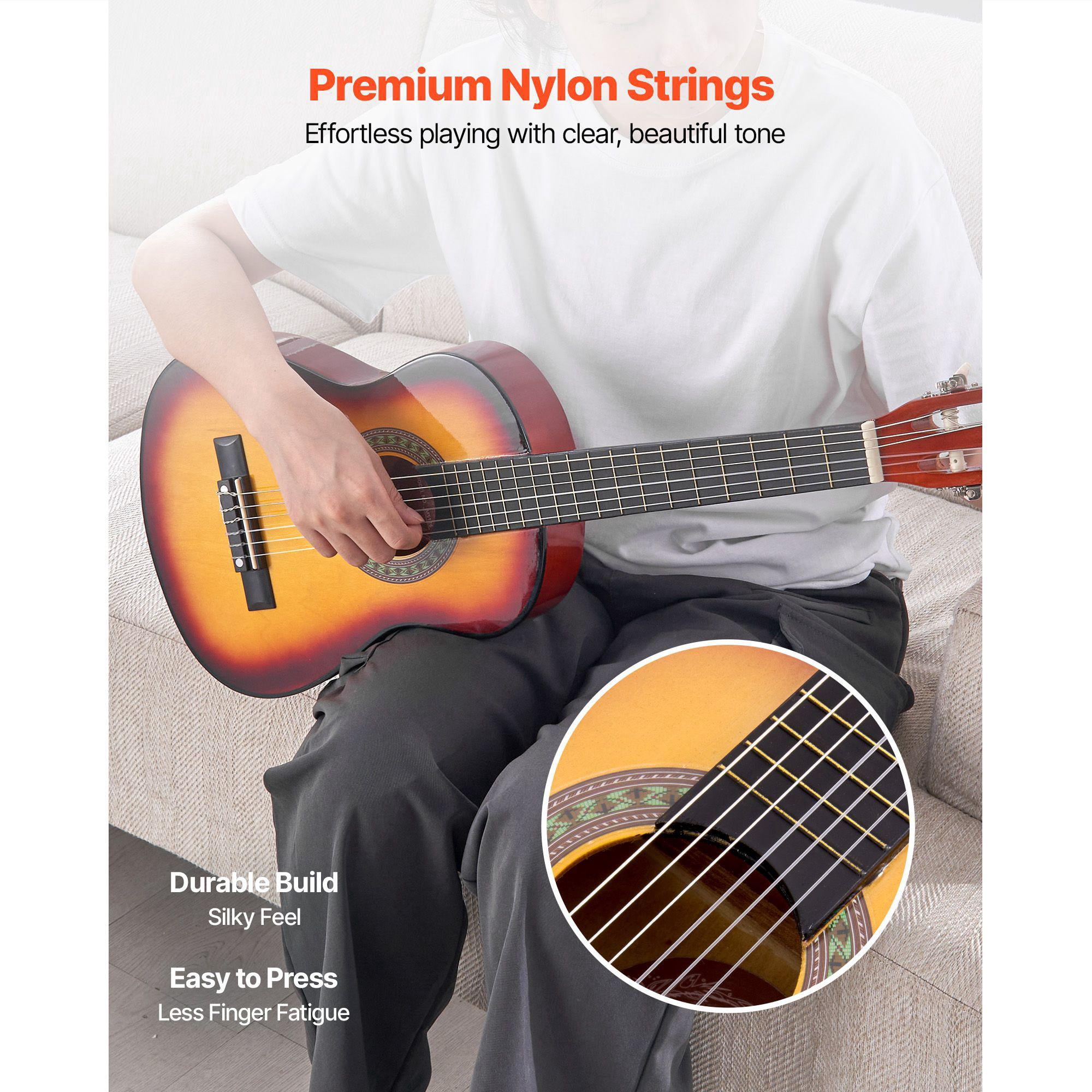 30 Inch Basswood Classical Guitar Starter Kit with Nylon Strings Gig Bag Strap Tuner Extra Strings Pick Capo Sunburst for Beginners Kids Girls Boys Students