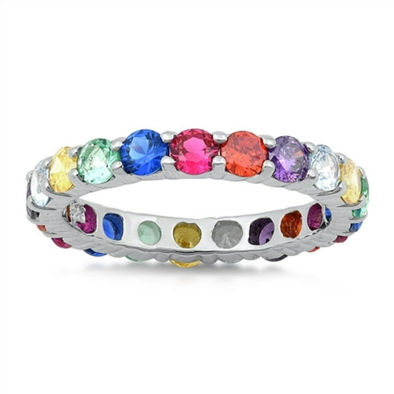 Multicolor Prong Set Cubic Zirconia Eternity Ring Sterling Silver Size 5