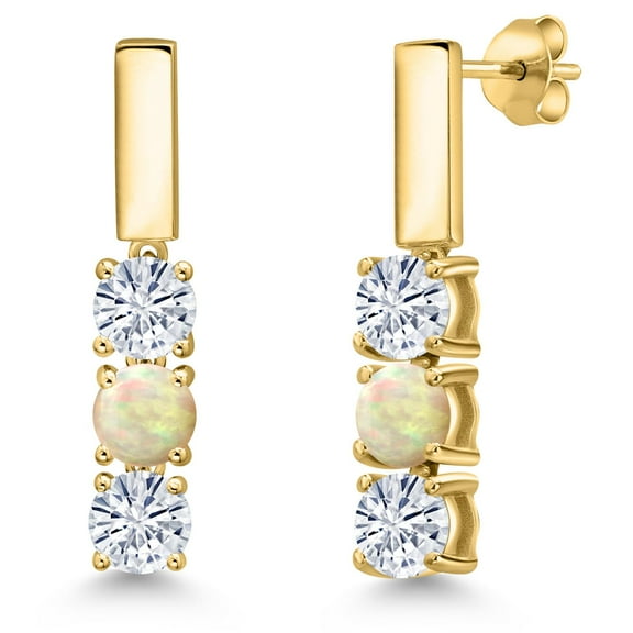 Gem Stone King 18K Yellow Gold Plated Silver White Moissanite and White Ethiopian Opal Drop Dangle Earrings for Women | 1.30 Cttw | Gemstone Birthstone | Round 5MM