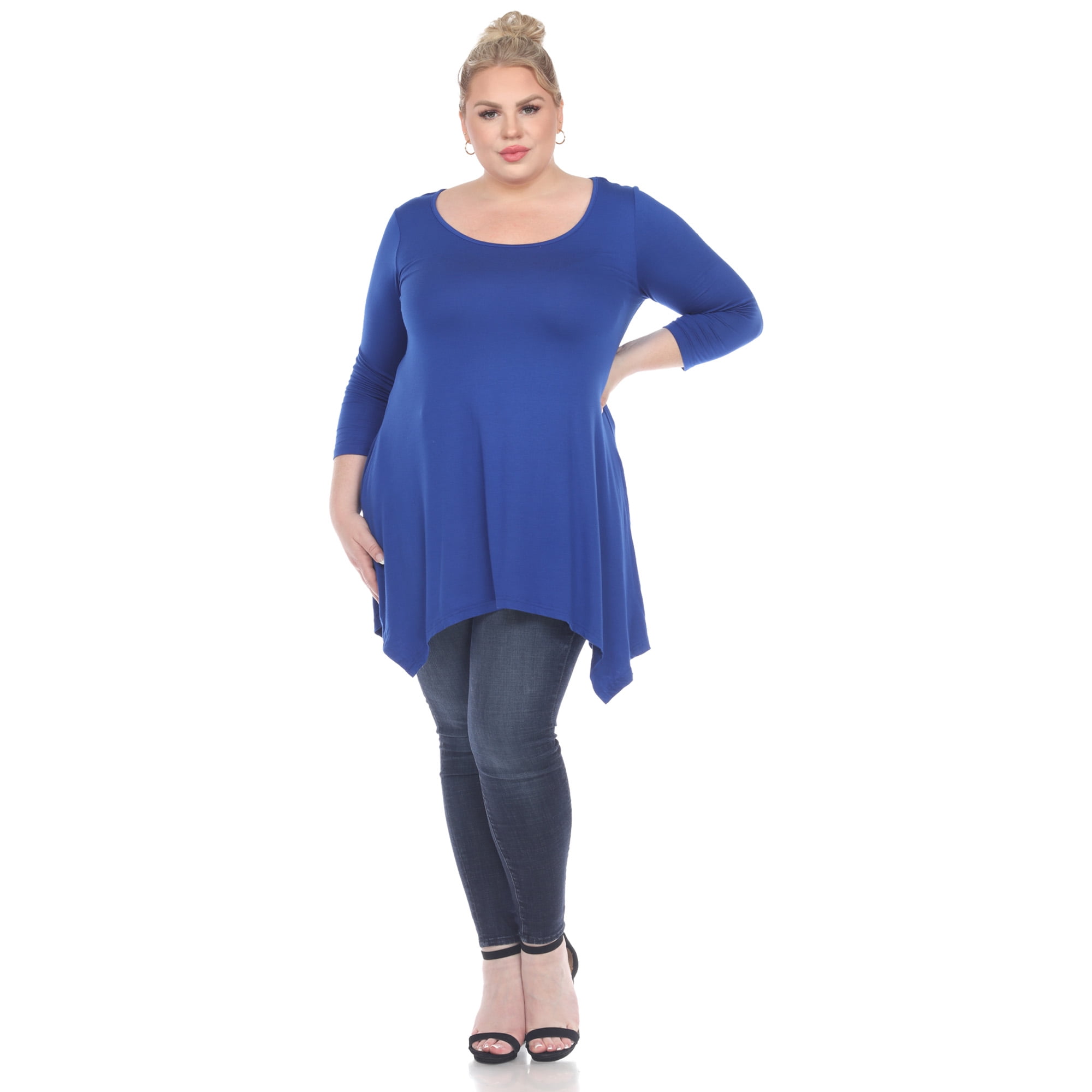White Mark Women's Plus Size Quarter Sleeve Solid Sharkbite Tunic Top