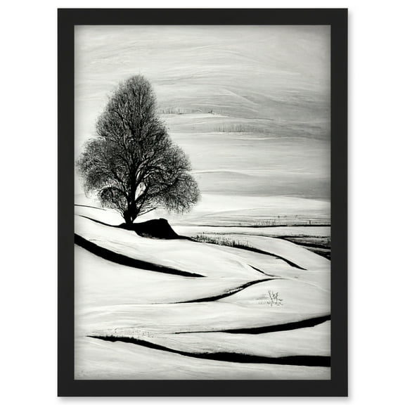Lone Tree Winter Landscape Illustration Black White Artwork Framed Wall Art Print A4