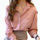 thumbnail image 2 of Camisa con cuello vuelto ANGGREK blusa holgada con botones color rosa para el trabajo diario, 2 of 8