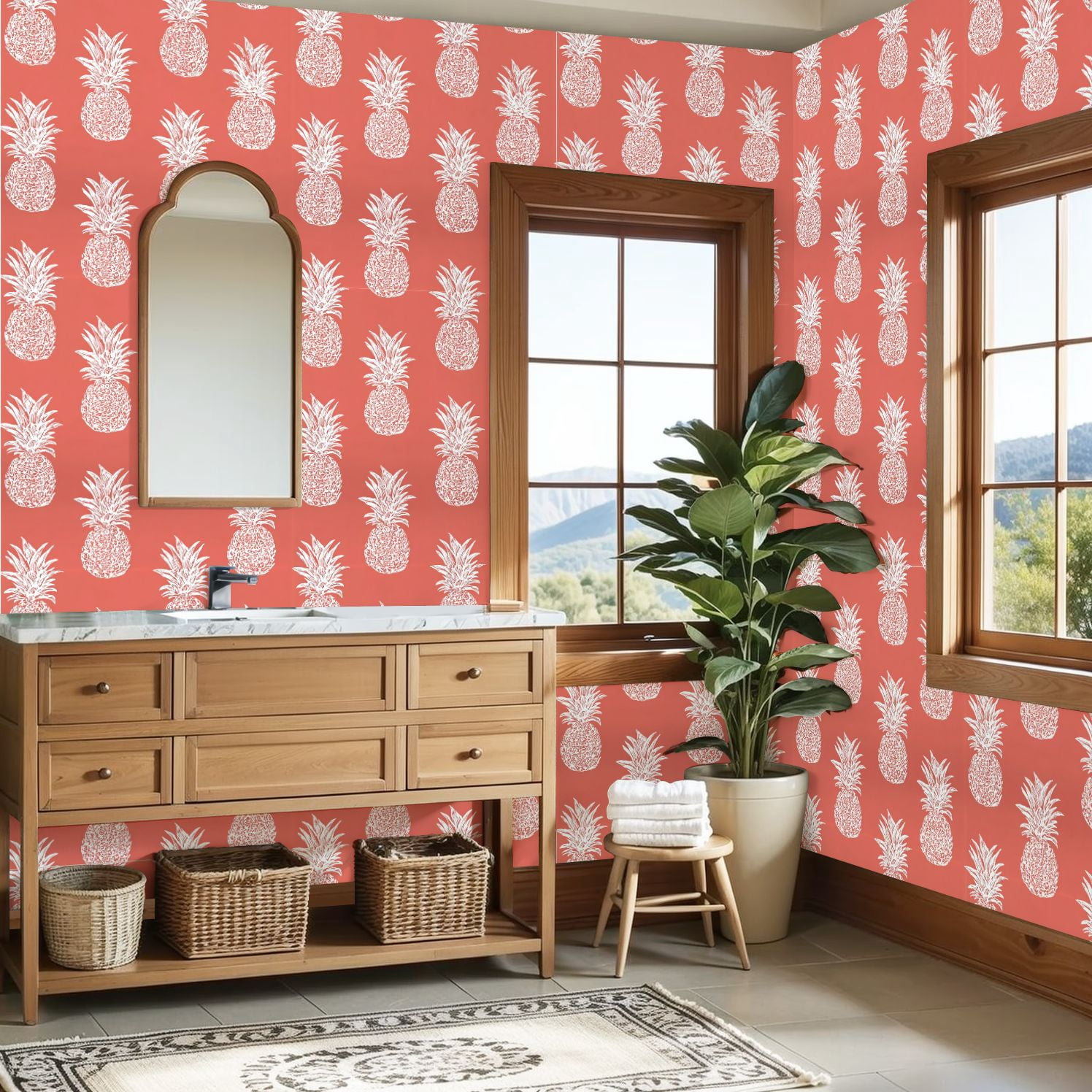 Peel and Stick Wallpaper Tropical Pineapple Coral Hand Drawn Style Wall Mural 23.6in x 9.8ft Self Adhesive Removable Wall Paper Renter Friendly Wallpaper for Nursery Bedroom Cabinets