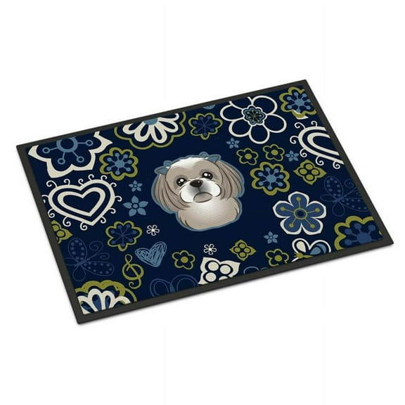 Carolines Treasures BB5101JMAT 24 x 36 in. Blue Flowers Gray & Silver Shih Tzu Indoor or Outdoor Mat